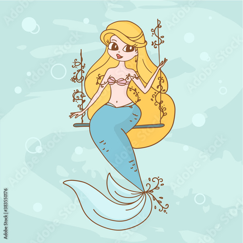 Vector illustration of little mermaid with yellow color hair and fish tail sitting on a swing on blue water background.