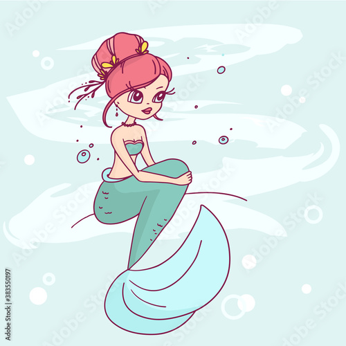 Vector illustration of little mermaid with hairstyle and fish tail sitting on a stone on blue water background.