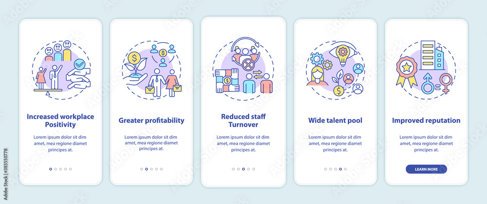 Gender diversity policy benefits onboarding mobile app page screen with concepts. Gender roles walkthrough 5 steps graphic instructions. UI vector template with RGB color illustrations