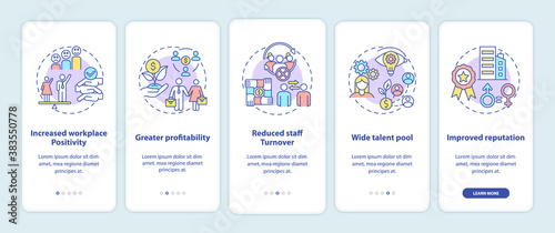 Gender diversity policy benefits onboarding mobile app page screen with concepts. Gender roles walkthrough 5 steps graphic instructions. UI vector template with RGB color illustrations