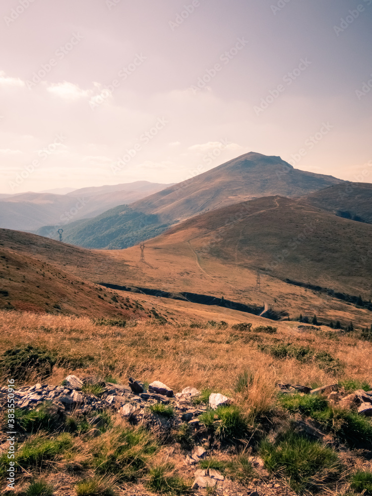 Fototapeta premium Autumn in the Carpathian wilderness. Natural scene in Pasul Vulcan, with Straja Mountain Peak in the background. Romania, Europe.