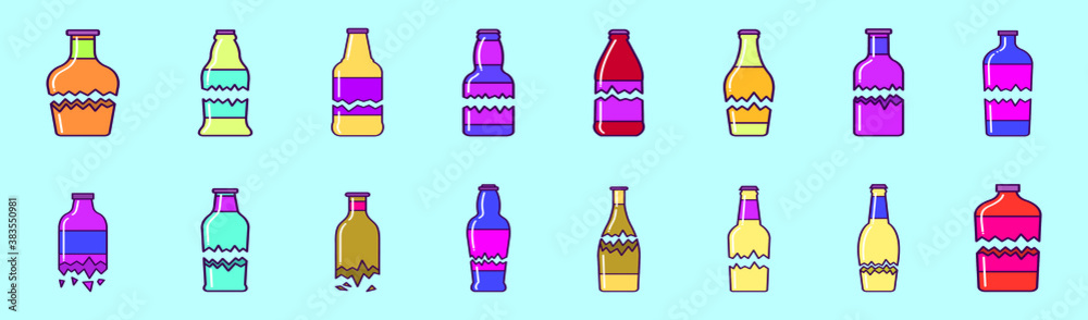 set of broken bottle cartoon icon design template with various models. vector illustration isolated on blue background set of broken bottle cartoon icon design template with various models. vector illustration isolated on blue background