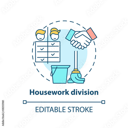 Housework division concept icon. Changing gender roles. Home duty types. Cleaning responsibilities idea thin line illustration. Vector isolated outline RGB color drawing. Editable stroke