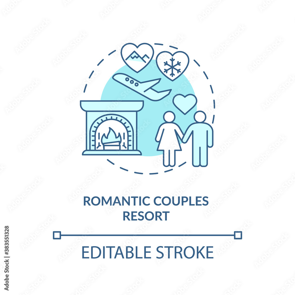 Romantic couples resort concept icon. Winter holiday idea idea thin line illustration. Romantic winter getaway. Peaceful location. Vector isolated outline RGB color drawing. Editable stroke