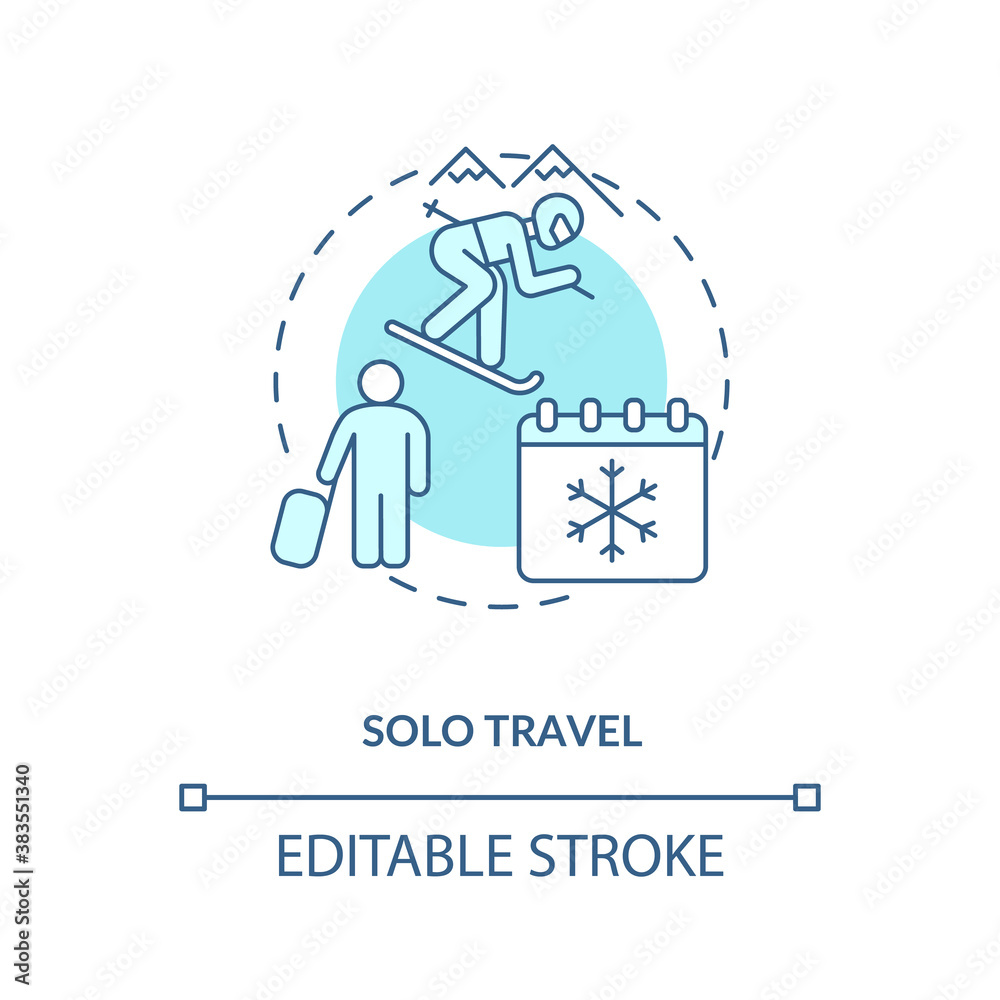 Solo travel concept icon. Winter escape idea thin line illustration. Snowshoeing. Traveling alone. Outdoor activities. Traveling alone. Vector isolated outline RGB color drawing. Editable stroke Solo travel concept icon. Winter escape idea thin line illustration. Snowshoeing. Traveling alone. Outdoor activities. Traveling alone. Vector isolated outline RGB color drawing. Editable stroke