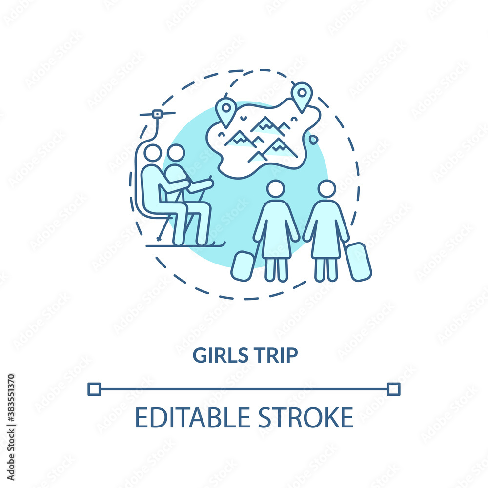Girls trip concept icon. Winter holiday idea thin line illustration. Cold-season activities. Snowshoeing. Snowy retreat. Girl-only pastime. Vector isolated outline RGB color drawing. Editable stroke