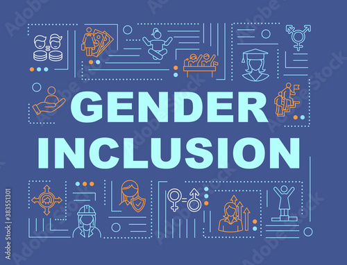 Gender inclusive society word concepts banner. Educational and work opportunities. Infographics with linear icons on dark blue background. Isolated typography. Vector outline RGB color illustration