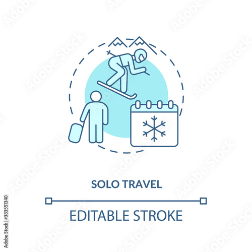 Solo travel concept icon. Winter escape idea thin line illustration. Snowshoeing. Traveling alone. Outdoor activities. Traveling alone. Vector isolated outline RGB color drawing. Editable stroke
