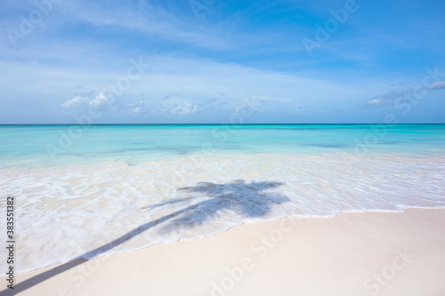 Palm tree shadow on the white sand of a beautiful tropical beach. Turquoise water of the caribbean sea © Bankerok