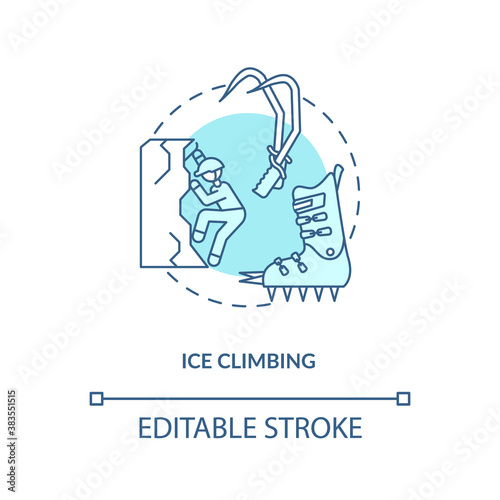 Ice climbing concept icon. Winter outdoor activity idea thin line illustration. Extreme sport. Mountain activity. Glacier trekking. Vector isolated outline RGB color drawing. Editable stroke