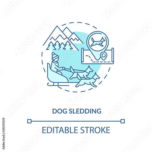 Dog sledding concept icon. Winter outdoor activity idea thin line illustration. Dogsledding excursion. Snow-covered landscape. Mushing. Vector isolated outline RGB color drawing. Editable stroke