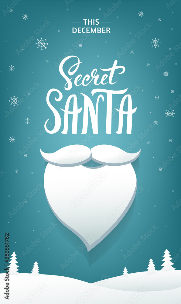 Fototapeta premium Secret Santa party flyer or leaflet design template with hand-drawn calligraphic text and Santa Clauses beard. - Vector