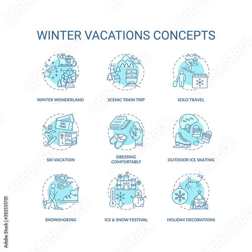 Winter vacations concept icons set. Holiday pastime idea thin line RGB color illustrations. Solo travel. Snowshoeing. Scenic train trip. Vector isolated outline drawings. Editable stroke