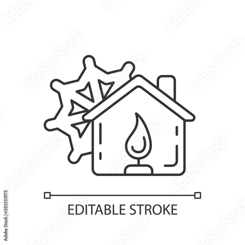 Warming center linear icon. Short-term emergency shelter. Death and injury prevention. Thin line customizable illustration. Contour symbol. Vector isolated outline drawing. Editable stroke