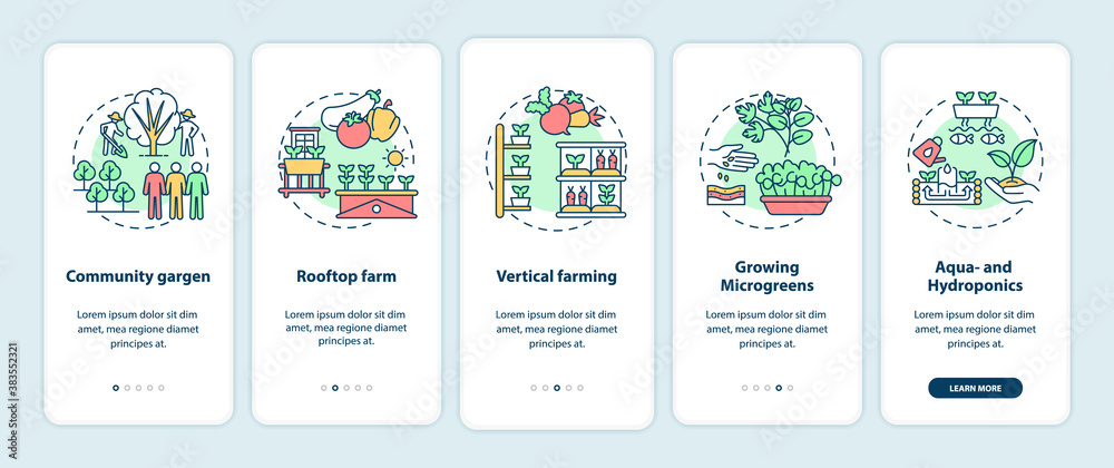 Urban farming onboarding mobile app page screen with concepts. Community gargen. Rooftop farm walkthrough 5 steps graphic instructions. UI vector template with RGB color illustrations