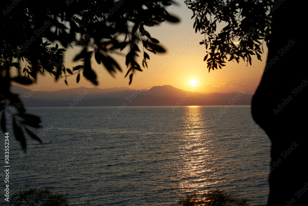 Olive trees in the foreground frame a deep calm sunrise over the lake, with the sun rising between the branches and leaves. The water of Lake Garda reflects the warm colors of the sun. Olive trees in the foreground frame a deep calm sunrise over the lake, with the sun rising between the branches and leaves. The water of Lake Garda reflects the warm colors of the sun.