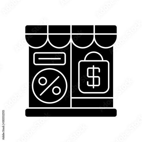Outlet store black glyph icon. Retail business, commercial service. Discount shopping, consumerism silhouette symbol on white space. Local shop with special price offer. Vector isolated illustration