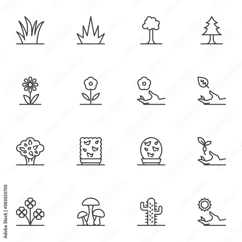 Nature plants line icons set Nature plants line icons set