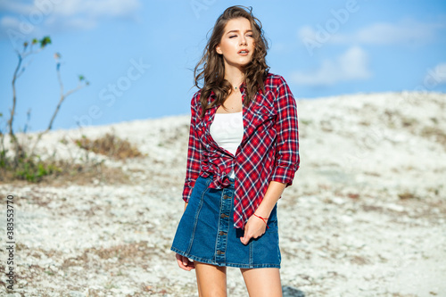 Fashion Portrait of Stylish Pretty Brunette Young Woman Outdoor