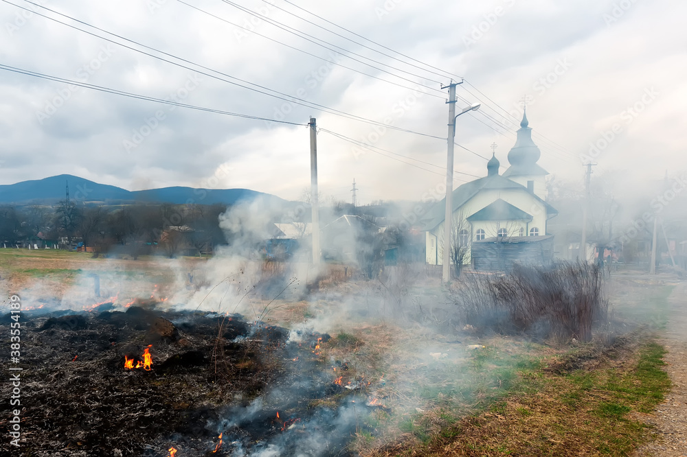 Naklejka premium Spring arson of a grass are a disaster in countryside