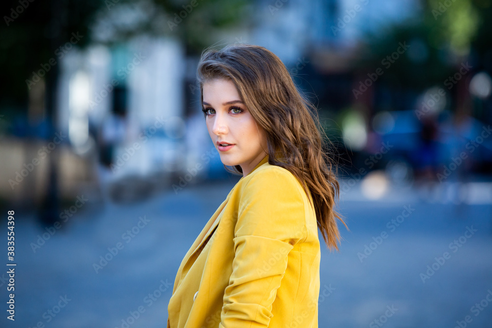 Fashion Portrait of Stylish Pretty Brunette Young Woman Outdoor