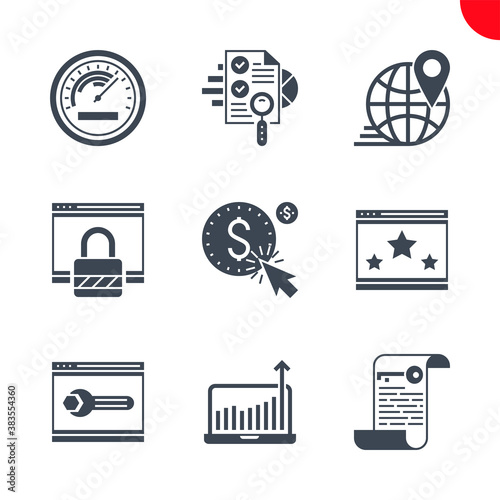SEO Related Vector Glyph Icons Set. Audit, keywording, growth traffic, ranking, efficiency, pay per click, web security, local seo, website optimization Editable