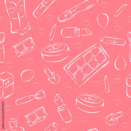 Vector seamless pattern cosmetics on pink background. Textile, cover, gift paper, application