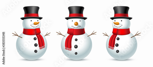 Christmas snowman with hat and scarf isolated on white background. Set of snowman in three angles. Vector illustration
