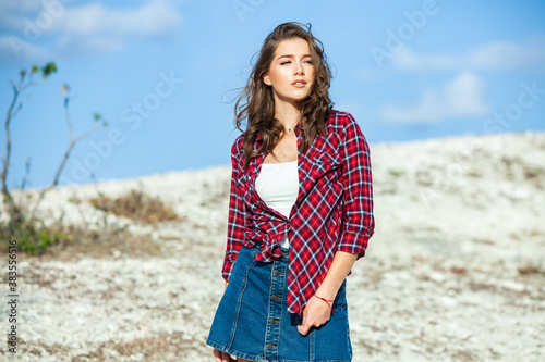 Fashion Portrait of Stylish Pretty Brunette Young Woman Outdoor