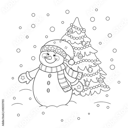 Coloring page of a cute cartoon snowman with Christmas tree. Vector black and white illustration on white background.