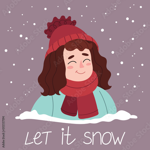 A funny girl in a winter hat catches snowflakes with her tongue. Happy childhood. Christmas concept.Vector illustration for postcards, stickers, posters, winter sale.
