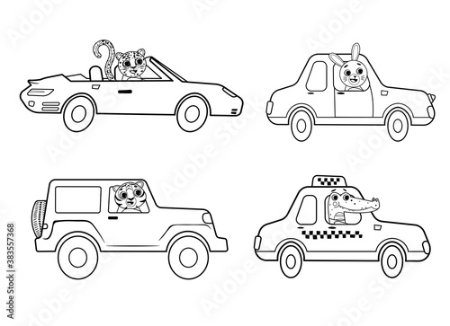 Funny coloring kids transport set with animals. Cars and vehicles cartoon vector black and white illustration isolated on white background