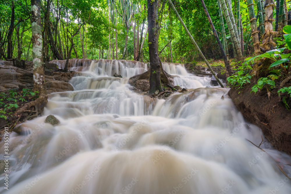 Waterfall scene at Pha Tad Waterfalls in rainforest at the Khuean Srinagarindra National Park Kanchanaburi. Waterfall scene at Pha Tad Waterfalls in rainforest at the Khuean Srinagarindra National Park Kanchanaburi.