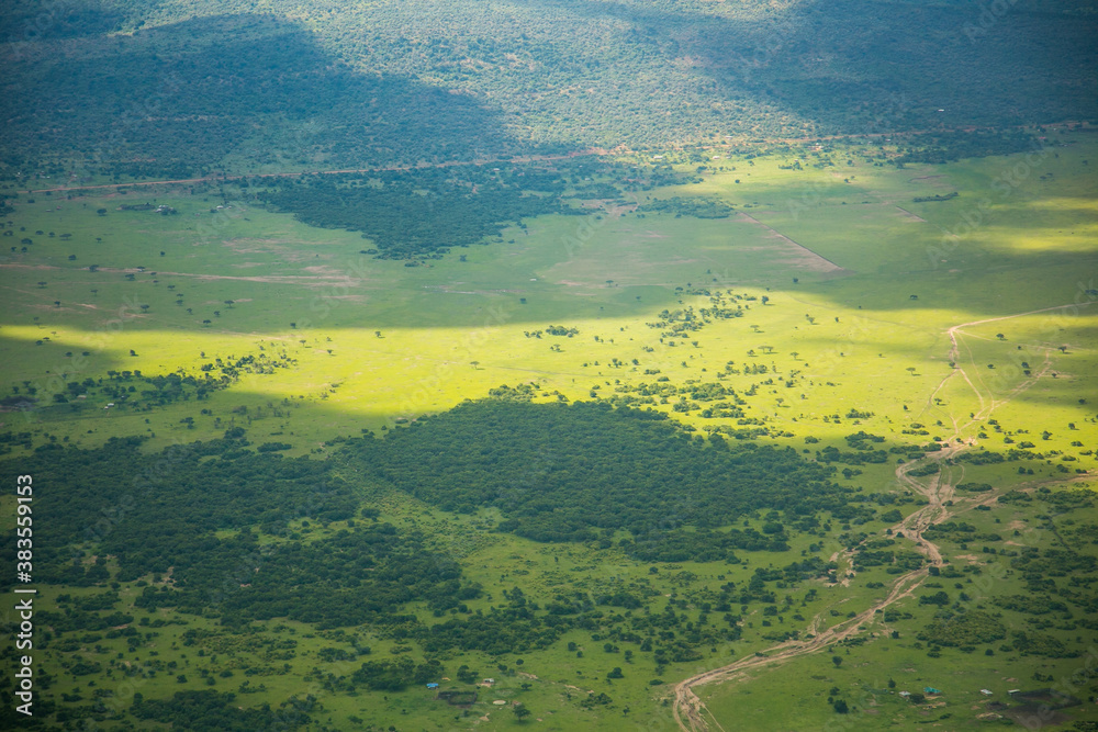 A aerial shot of the Kenya savannah, 91 miles east of Nairobi, Kenya, africa.