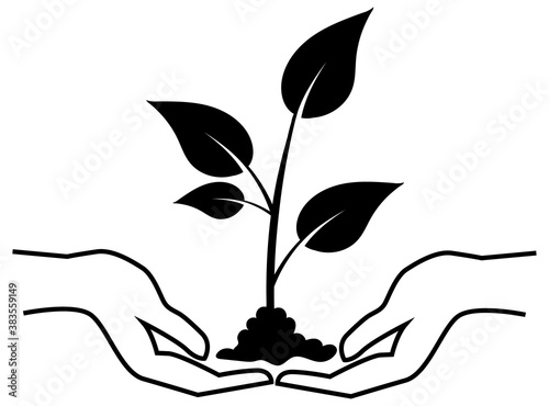 Hands holding sprout icon isolated on white background. Hands with plant silhouette vector illustration. Eco bio concept design.