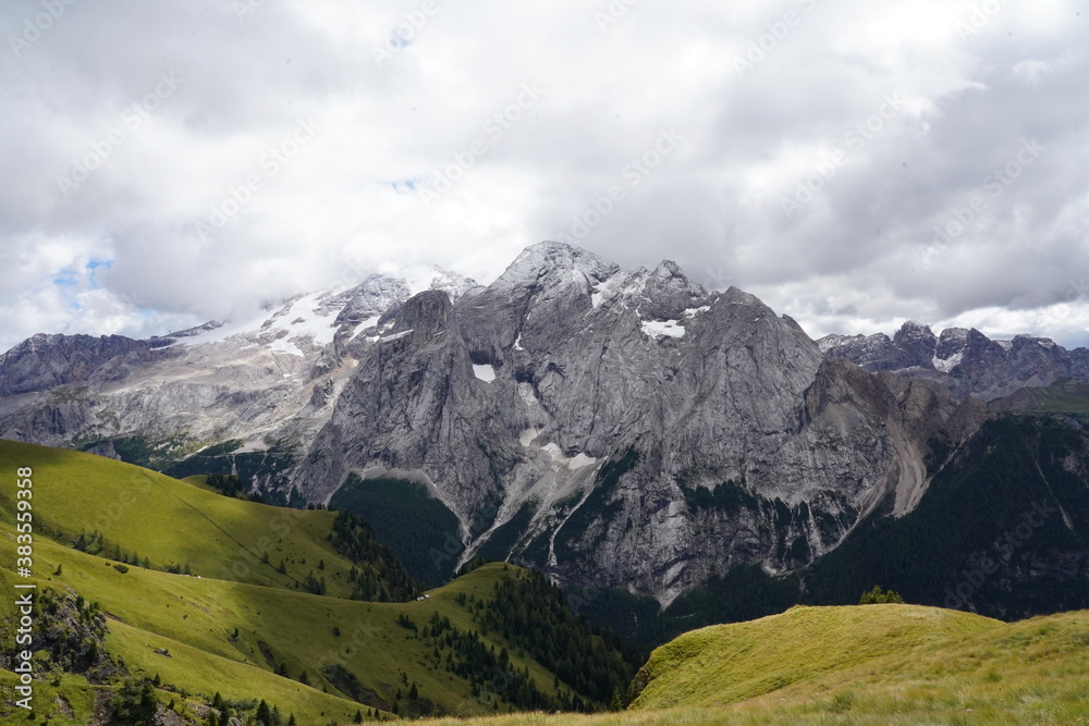 marmolada. Alpine landscape in the Dolomites, Italy. Trekking on Monte Civetta overlooking the Marmolada Massif. Fassa Valley, Trentino Alto Adige
