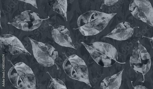 Watercolor leaves grey seamless pattern. Illustration for cards, cover, textile, lining fabric