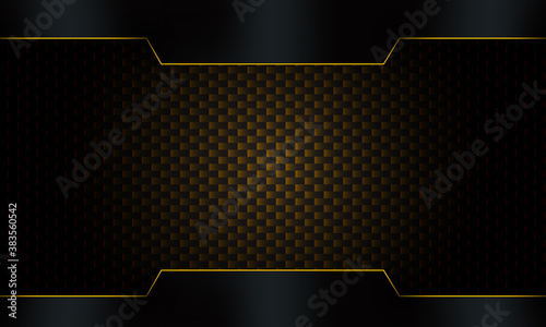 Dark carbon fiber background with abstract black metallic frame with gold stripes .