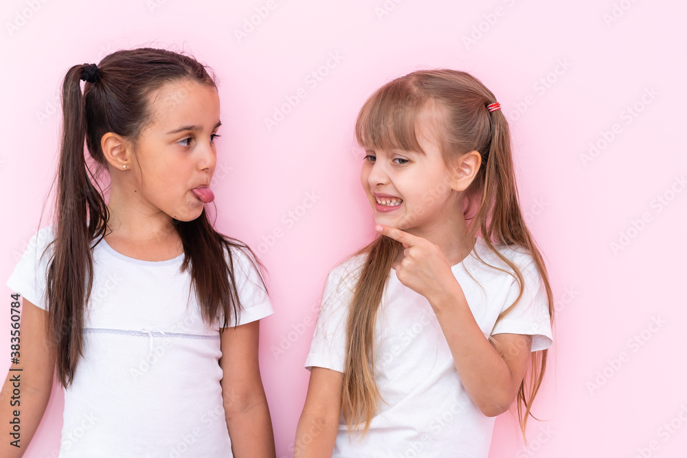 Image of two angry teenage girls with braids in casual clothes standing isolated over pink background Image of two angry teenage girls with braids in casual clothes standing isolated over pink background