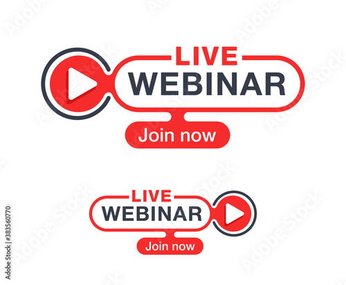 Live webinar button or banner element - catchy decorative rounded frame with Play button and text - isolated template