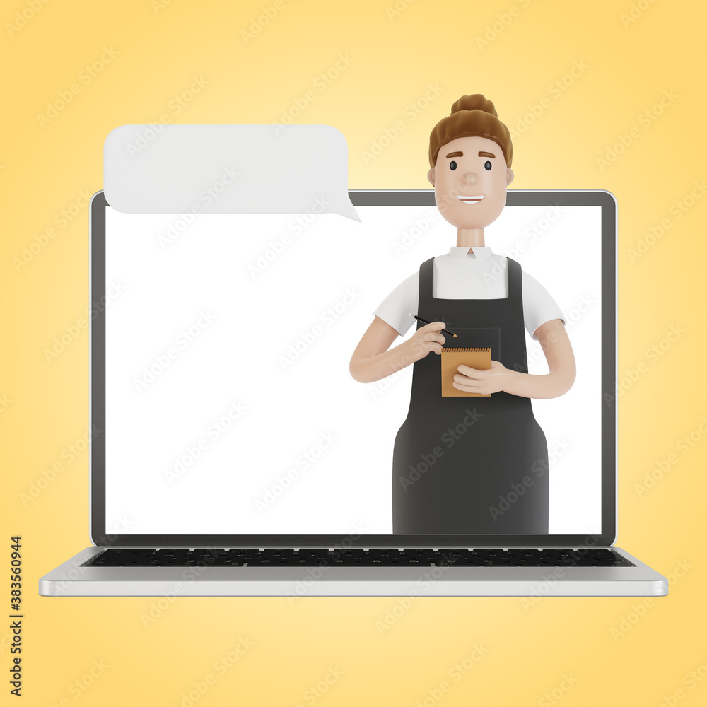 Waiter at the laptop screen. Online delivery concept from restaurant. 3D illustration in cartoon style. Waiter at the laptop screen. Online delivery concept from restaurant. 3D illustration in cartoon style.