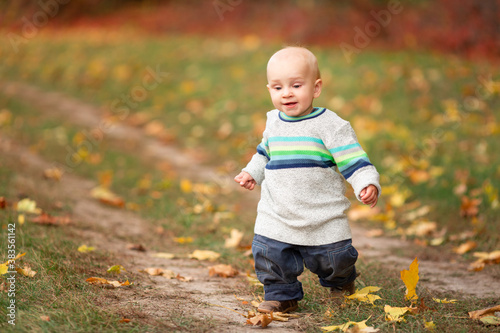 Happy baby boy with autumn leaves in the park