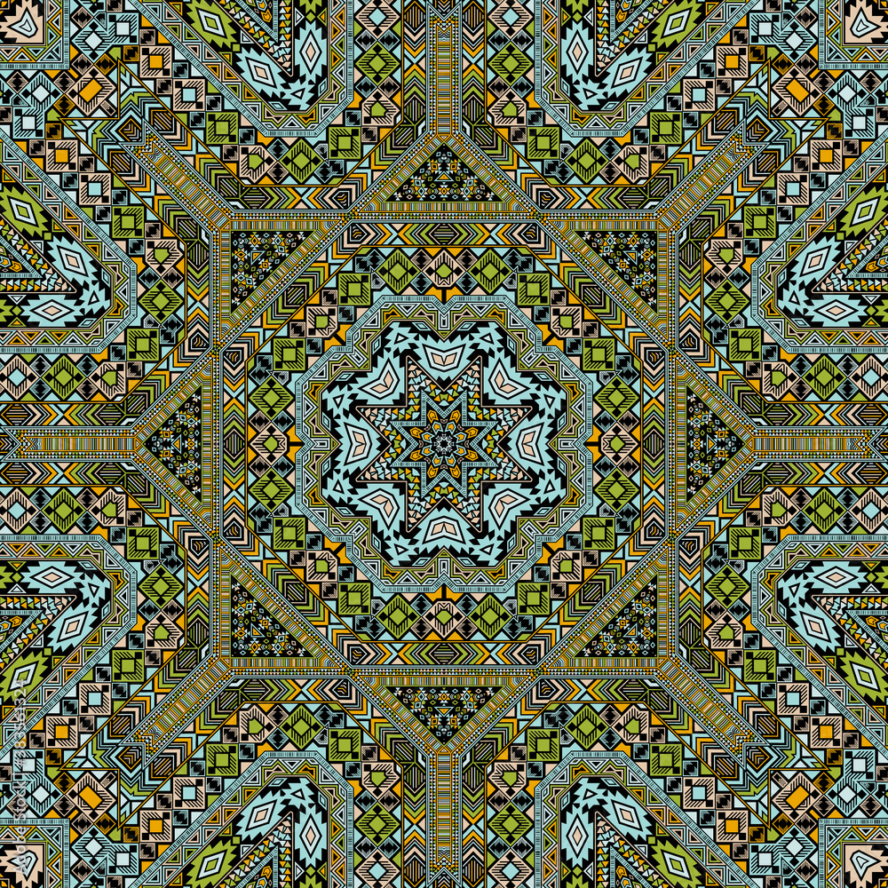 Minimal seamless ornament of simple geometry shapes composition. Graphic apache design. Packaging print. Small elements background. Vector kaleidoscope pattern.