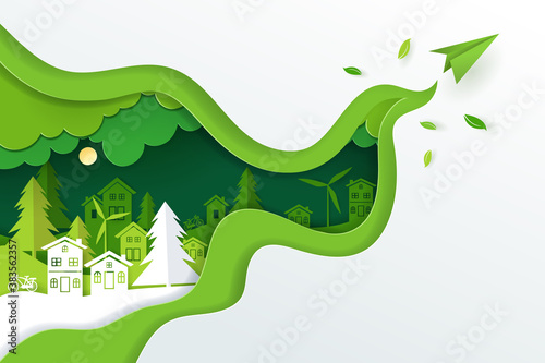 Paper art and digital craft style of landscape with green eco urban city, Earth day and world environment day concept.
