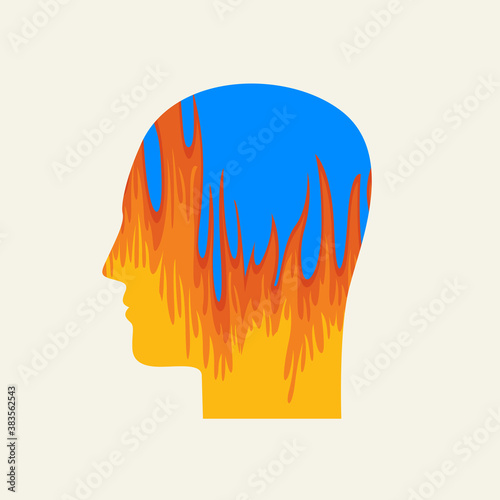 Silhouette of a human head in profile with a hot fire inside. Decorative vector banner, icon, logo, or avatar. Vector illustration of a burning head, anger, stress, crisis, panic, headache, irritation