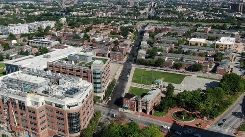 Aerial drone view of campus and grounds, housing, at University of Maryland in Baltimore, Maryland, USA, higher education and medical school theme photo