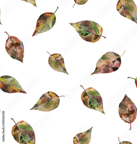 Watercolor leaves seamless pattern on white background. Illustration for cards, cover, textile. Leaves isolated