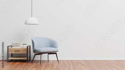 Armchair, wooden table and lamps in living room, 3d rendering