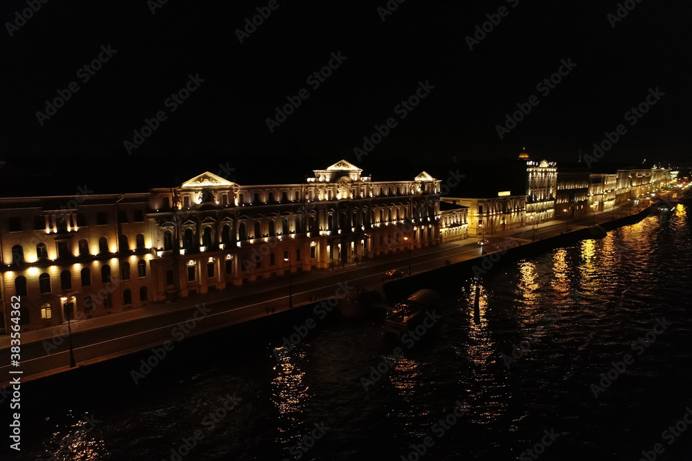 Aerial Townscape of Saint Petersburg City at Night. Central District