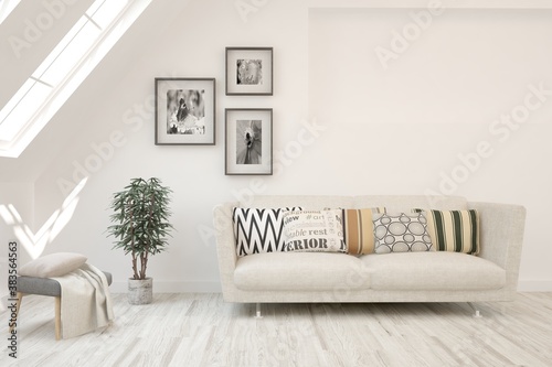 White living room with sofa. Scandinavian interior design. 3D illustration